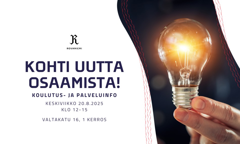 Kohti uutta osaamista koulutus- ja palveluinfon mainos, jossa päällä oleva hehkulamppu ihmisen kädessä.
